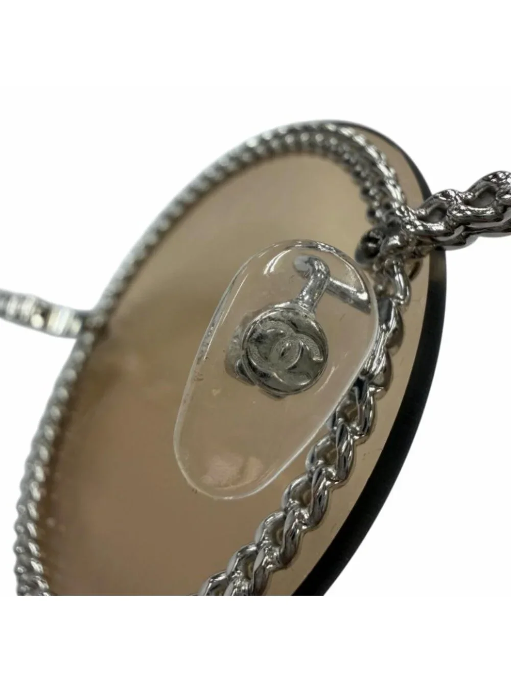 Chanel CC Logo Round Chain Glass Cord Sunglasses Silver Brown Demo Lens Eyewear